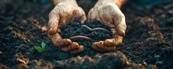 Fototapeta premium Closeup of human hands cradling earthworms amidst dark fertile soil, symbolizing the role of worms in sustainable agriculture and soil health, detailed focus, bright earthy tones