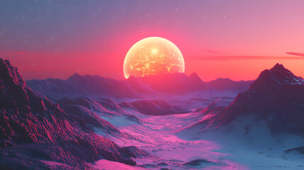 Fototapeta premium Futuristic glowing sunset over an alien planet with mountains, dreamy sci-fi landscape, fantasy world, surreal environment, space scenery, cosmic horizon, and neon aestheticthtaking dreamlike scenery