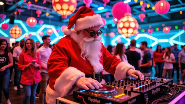 Merry music mashup! Santa spins tunes on a DJ controller, donning a festive red coat with snowy trim, mixing holiday cheer with beats in a cavernous winter wonderland setting
