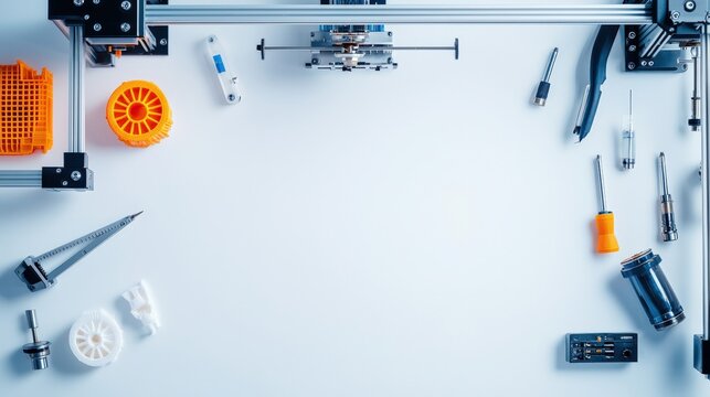 A dynamic flat lay of manufacturing prototypes, prints, and calibration tools styled neatly on a desk