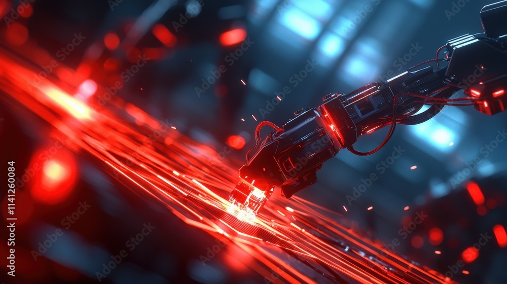 Poster A detailed visualization of robotic arms performing synchronous tasks in an advanced automobile factory