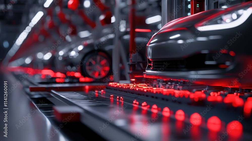 Aufkleber A detailed visualization of robotic arms performing synchronous tasks in an advanced automobile factory