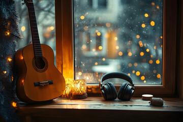 Cozy winter window scene with guitar, headphones, candlelight, and festive bokeh lights, peaceful...