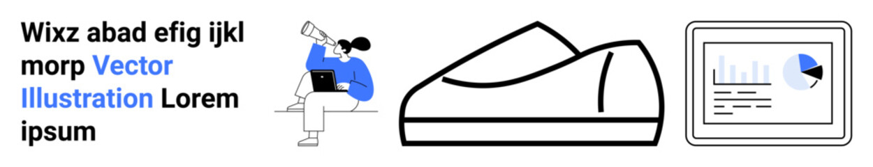 Man using telescope, abstract shoe drawing, analytics chart with pie graph and bar chart. Ideal for business, technology, research, footwear design, data analysis, presentations, infographics