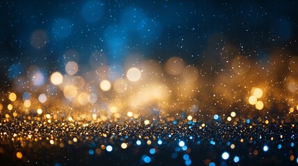 Obraz premium Abstract glitter lights with gold, blue, and black tones in soft focus background