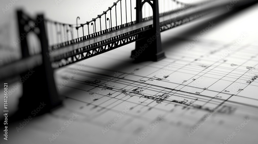 Fototapete A close-up of a bridge blueprint with notes and measurements sketched in precise detail