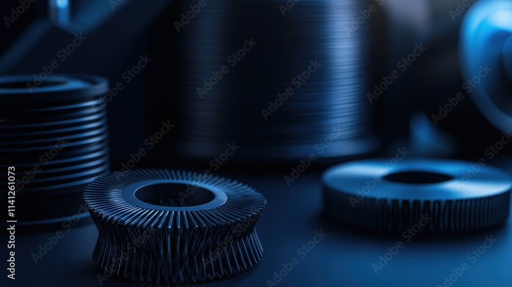 Aufkleber A printed mechanical part displayed alongside filament spools and a futuristic printer