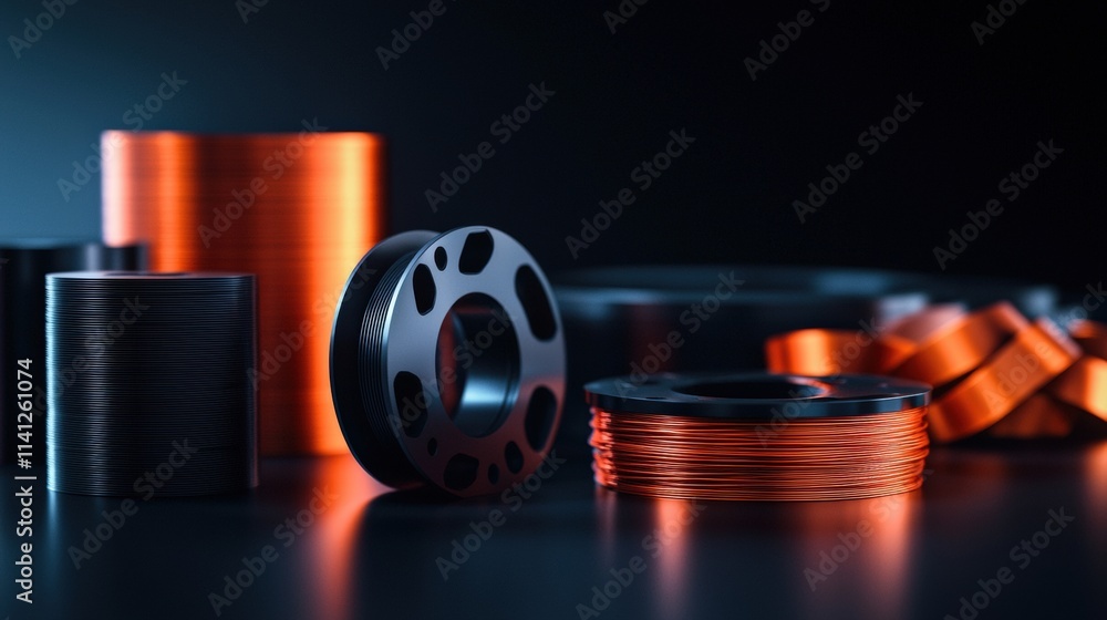 Aufkleber A printed mechanical part displayed alongside filament spools and a futuristic printer