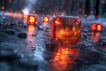Glowing bitcoin cubes on wet surface create futuristic atmosphere