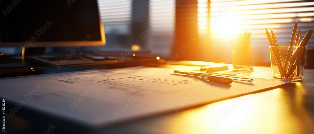 Poster sleek engineering workstation with a drafting table, rulers, and technical blueprints illuminated by