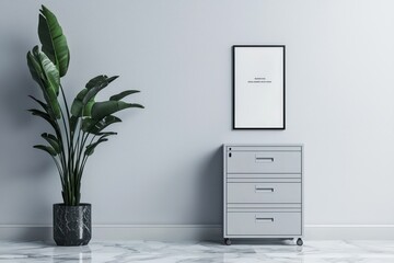 Minimalist office with filing cabinet and vertical poster frame on smooth marble floor.
