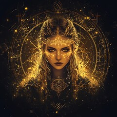 Golden mystical woman portrait with runes and glowing symbols.