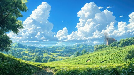 Fototapeta premium Vibrant Tea Fields Landscape with Happy Characters and Fresh Nature