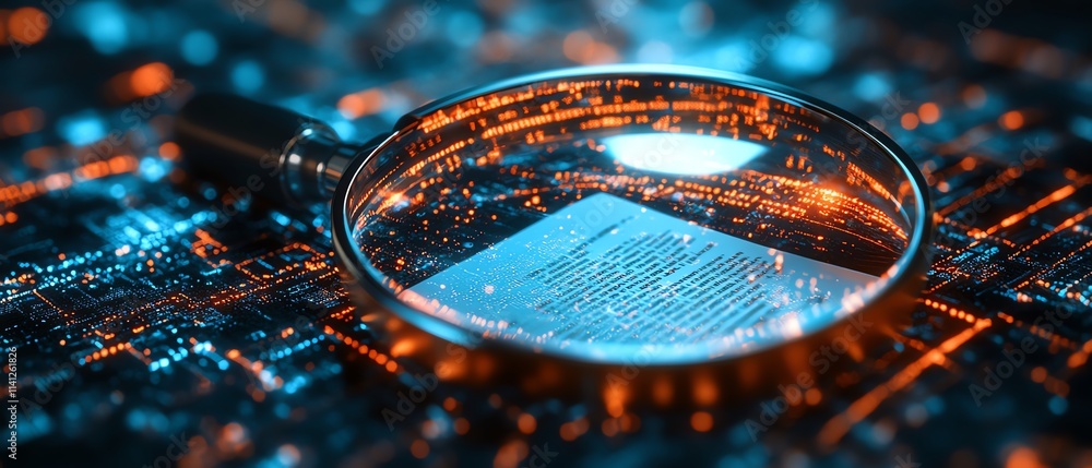 Poster it security risk assessment concept with a magnifying glass inspecting a document in a cybertech env