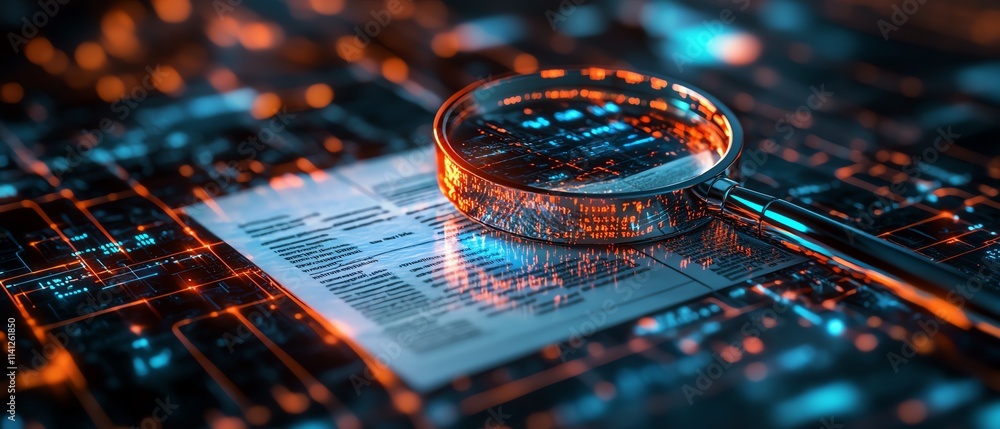 Poster it security risk assessment concept with a magnifying glass inspecting a document in a cybertech env