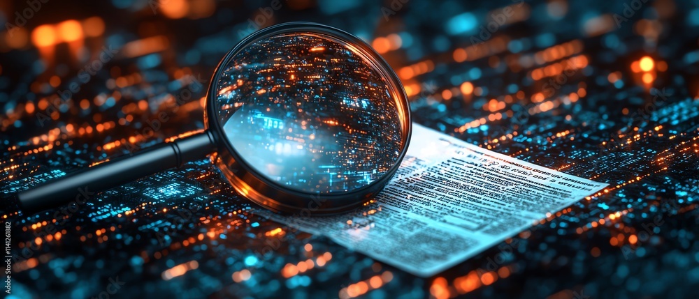 Poster it security risk assessment concept with a magnifying glass inspecting a document in a cybertech env