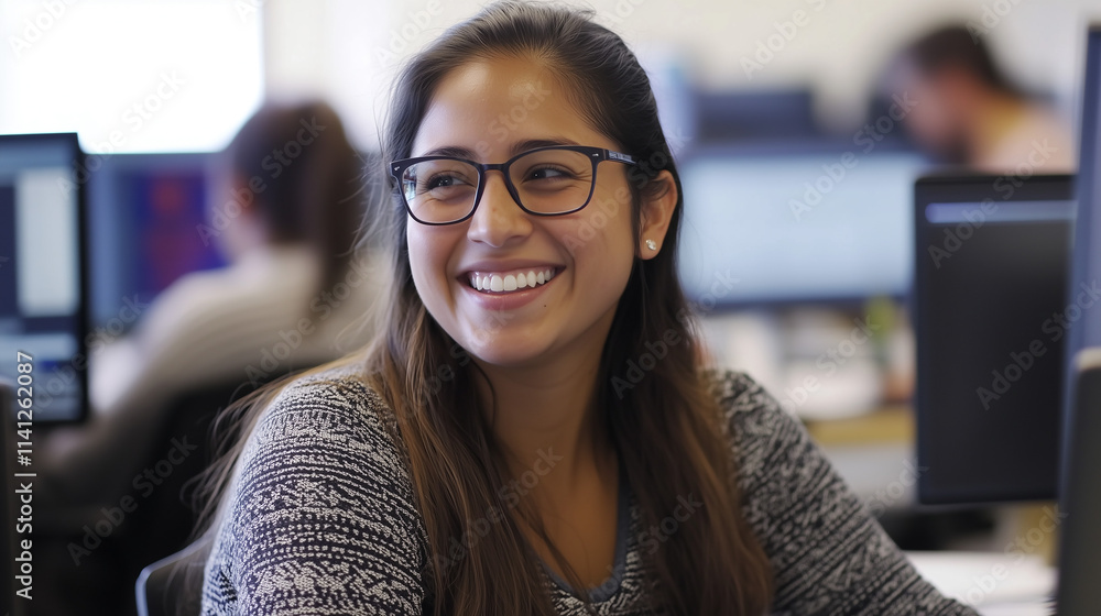 Poster female software developer smiling as she leads a tech meeting, emphasizing teamwork, project managem
