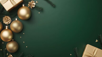 Elegant Golden Christmas Tree Ornaments with Gifts on Deep Green Background