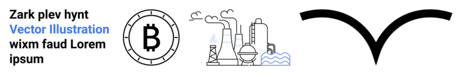Obraz premium Text elements, cryptocurrency coin with Bitcoin symbol, industrial plant emitting smoke, simple bird-shaped symbol. Ideal for fintech, blockchain, industry, pollution, manufacturing, minimalism