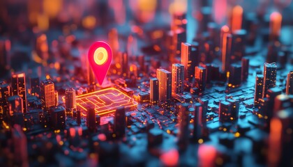 Stylized 3D city model with geo pin marking a location