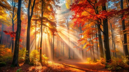 Obraz premium Autumnal Woodland Path Bathed in Golden Sunlight Beams