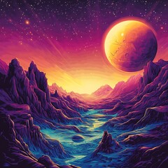 Vibrant alien landscape with a large orange planet and purple mountains reflecting in a river.