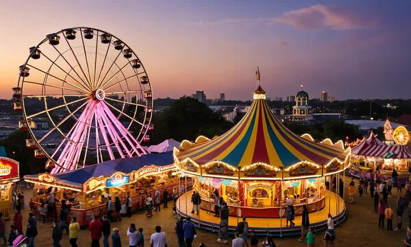 Carnival Funfair at Dusk: Ferris Wheel and Carousel Magic
