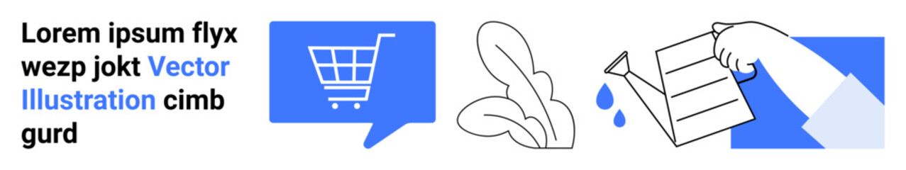 Shopping cart inside a speech bubble, hands holding leaves, package opened with water drops. Ideal for e-commerce, customer support, delivery services, communication, sustainable practices