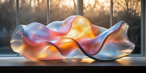 Minimalist flowing glass sculpture with light reflections in pastel colors and low angle view