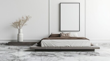 Elegant bedroom arrangement featuring a platform bed and vertical mockup poster on a grand marble floor, reinforcing minimalist decor.