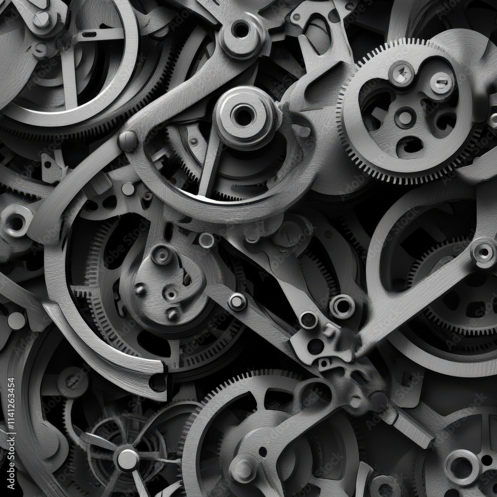 Fototapete a close up of a clock with many gears and a black and white color scheme