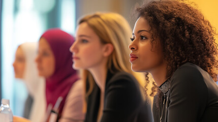 Obraz premium Global health conference featuring diverse women discussing critical women's health issues, addressing challenges, and sharing solutions.