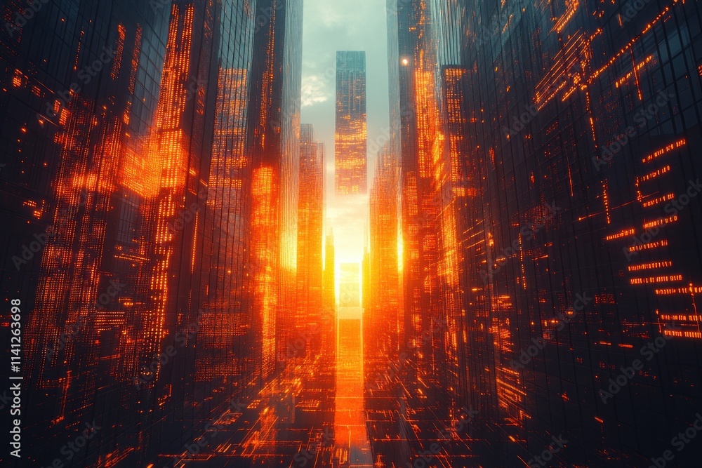 Aufkleber abstract urban architecture overlaid with data visualizations and financial analysis