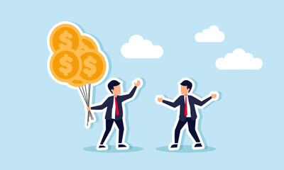 A businessman holds several dollar coin balloons and shows them to other business partners, illustration of business motivation in financial stability strategies