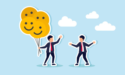 A businessman holds several happy emoticon balloons and shows them to other business partners, illustration of business motivation in strategies to increase business engagement