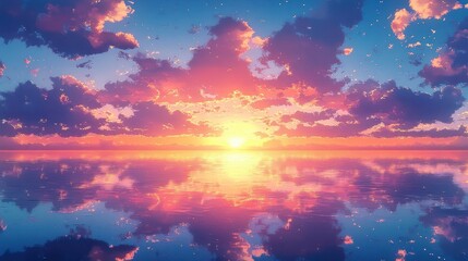 Fototapeta premium Animation Style Sunset Ocean View Landscape Illustration