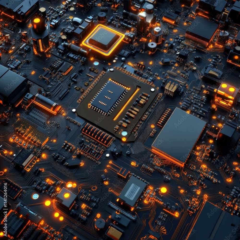 Poster A close up of a computer chip with a glowing orange background