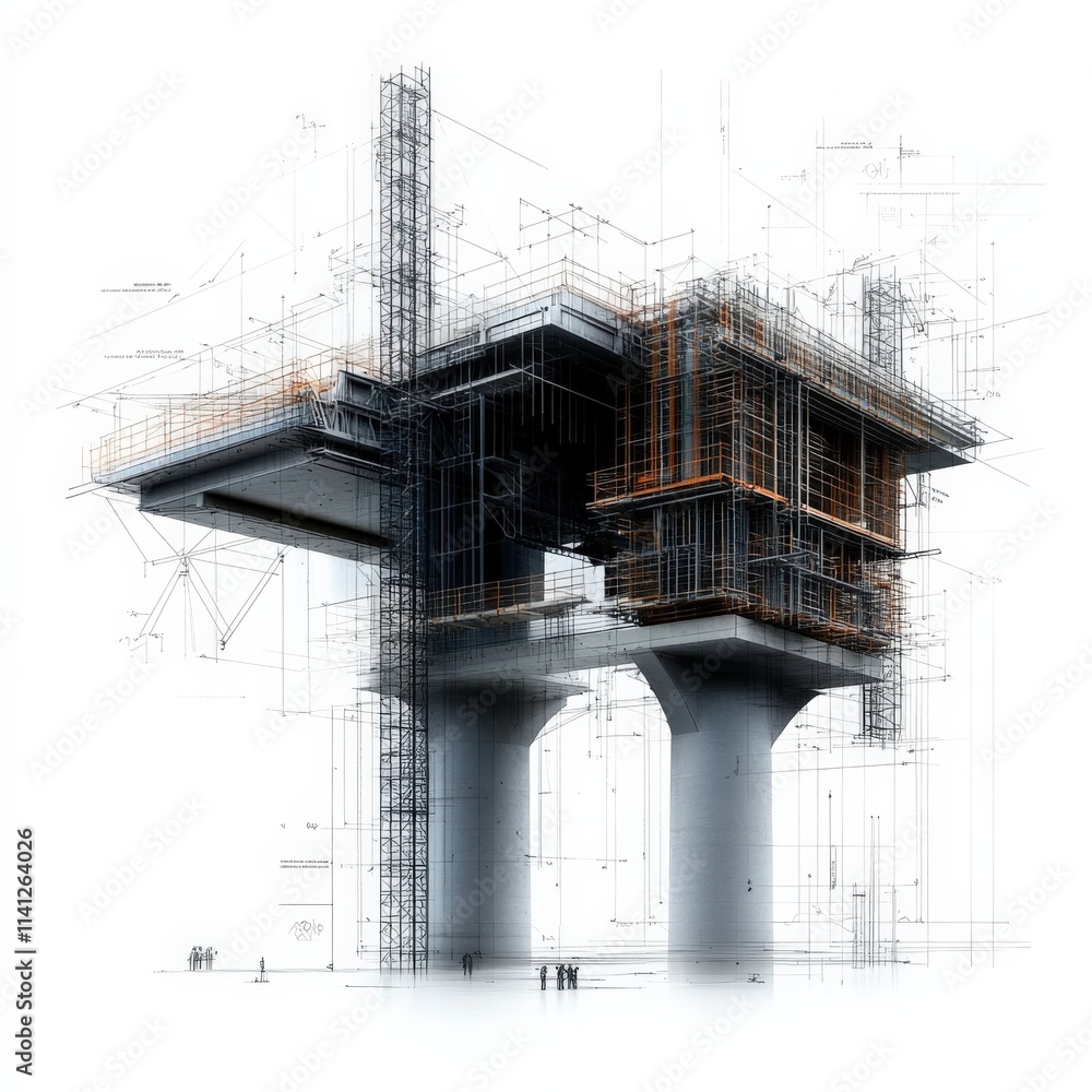 Poster A large building with scaffolding and a crane