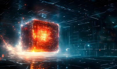 Glowing fiery cube floating in a dark abstract space with gridlines.