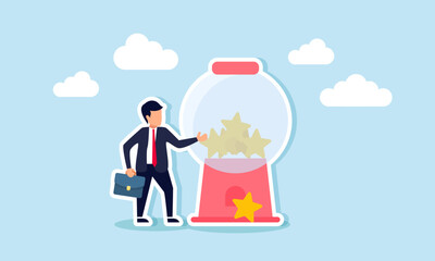 A businessman stands beside a star-making machine, illustration of efforts to achieve excellent business ratings and quality
