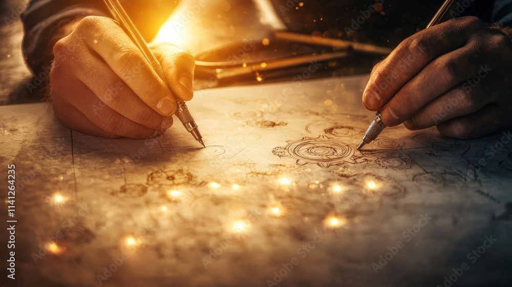 Aufkleber An engineer sketching a gear mechanism blueprint on a drafting table with precision tools neatly arranged