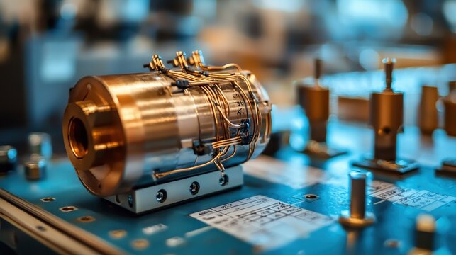 An electric motor assembly with wiring diagrams pinned nearby in a hyperdetailed workshop