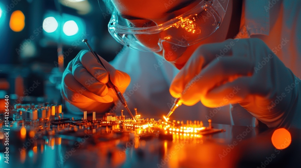 Poster a student soldering components onto a circuit board in a high-resolution electronics laboratory