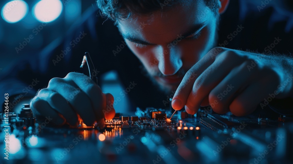 Poster a student soldering components onto a circuit board in a high-resolution electronics laboratory