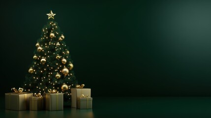 Elegant Golden Christmas Tree Ornaments with Gifts on Deep Green Background