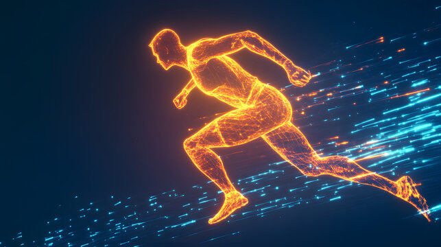 Futuristic digital glowing wireframe runner, fast motion, technology, speed concept, neon light trails, abstract sci-fi art, dynamic energy, sports innovation, and virtual athlete - Powered by Adobe