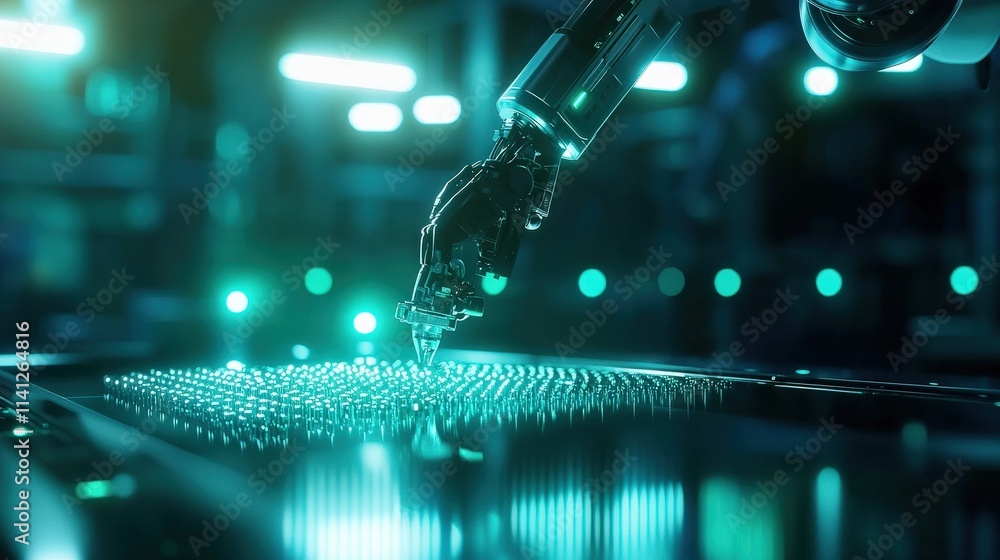 Poster A robotic arm assembling intricate mechanical components in a high-tech factory, illuminated by bright industrial lights
