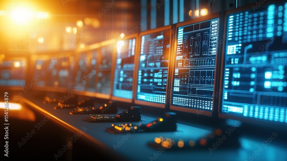 Aufkleber A power grid control room with high-tech monitors displaying real-time energy flows across circuits