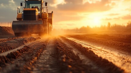 A road construction site with heavy machinery and freshly laid asphalt illuminated by soft evening light