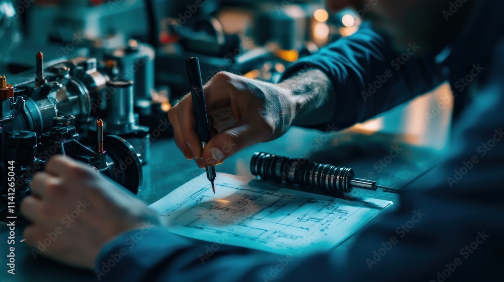 Poster a mechanical engineer inspecting a hydraulic motor setup with a schematic diagram pinned nearby